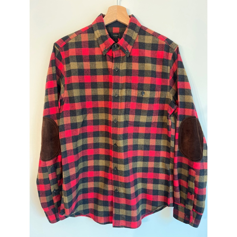 J. Crew Men's Flannel Shirt Red Tan Black Plaid Suede Elbow Patches Size Small